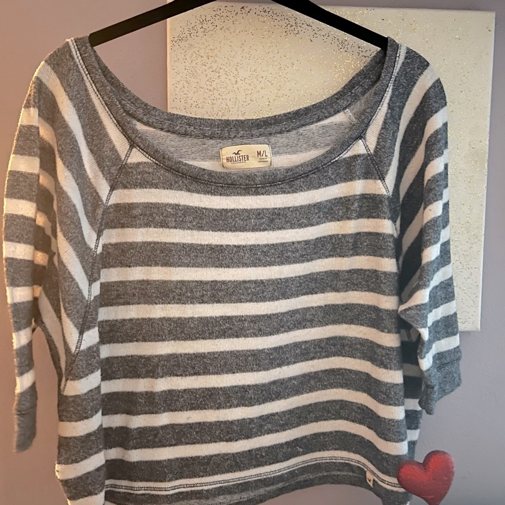 Hollister gray and white striped off the shoulder crop top